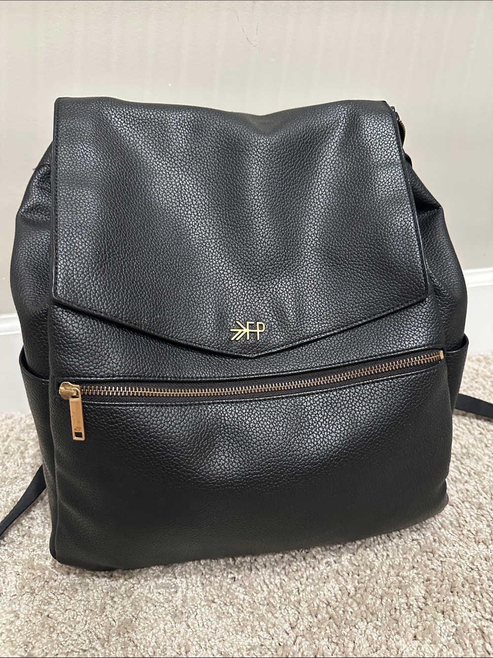Black Freshly Picked Pebbled Leather Backpack with Gold Logo